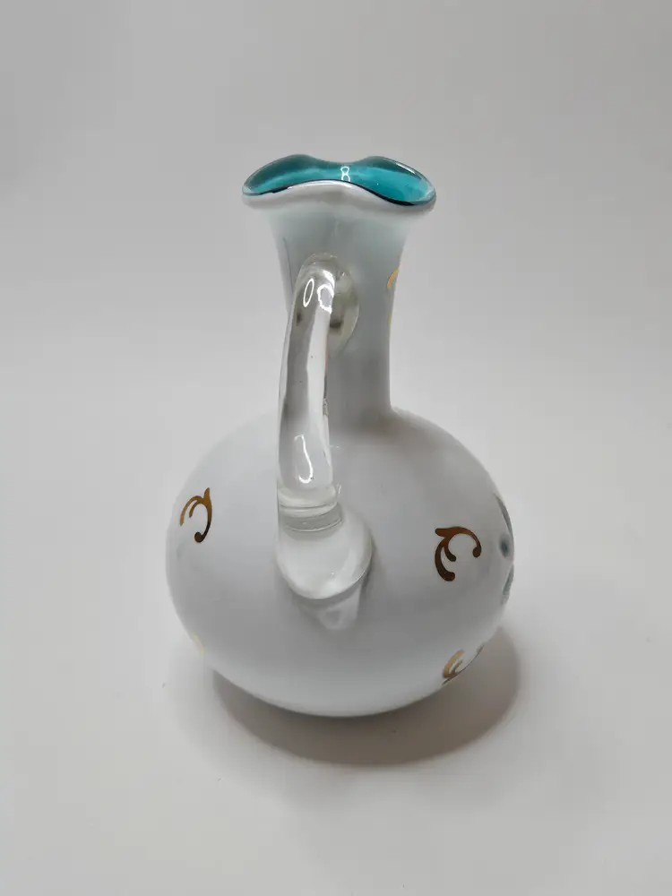 Vtg Bohemian Czech Glass White Cut To Blue Cruet Applied Clear Handle