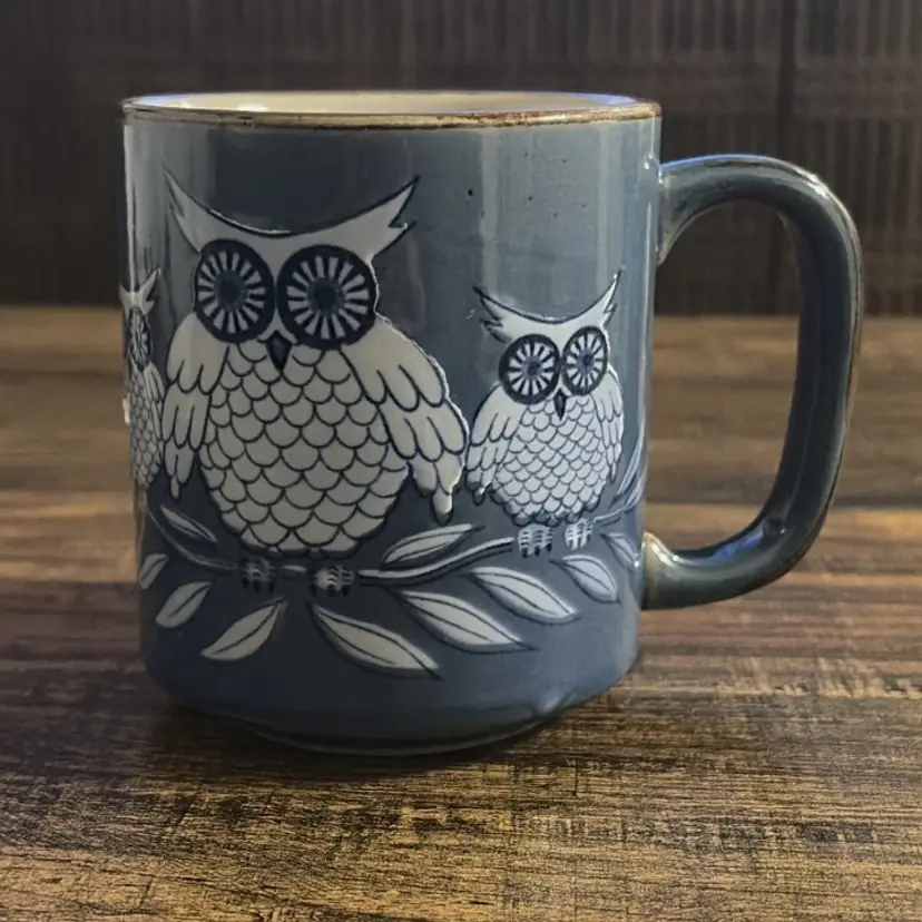 Vintage Otagiri Owl Coffee Mug Japan Blue Stoneware Embossed Owls Rustic Cup