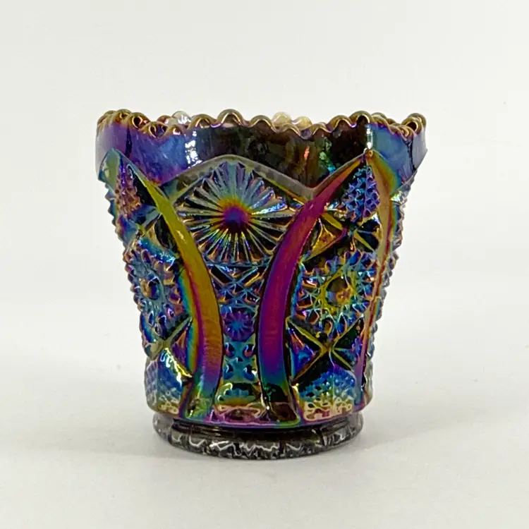 #2 Vtg Imperial Glass Peacock Smoke Blue 2.5" Carnival Glass Toothpick Holder Daisy & Arches Iridescent