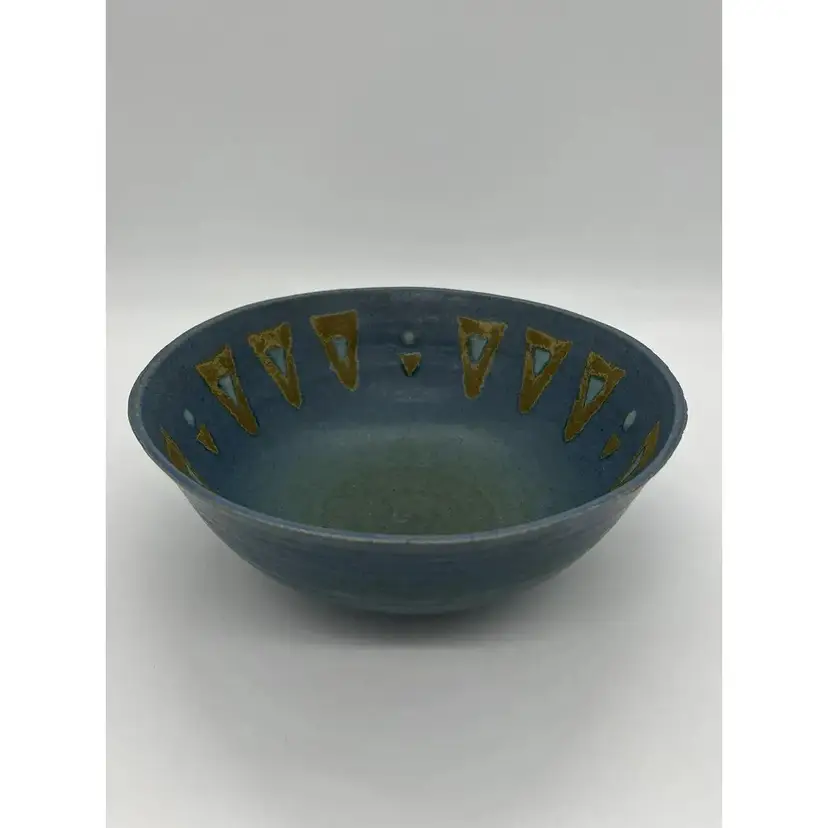 Studio Pottery Ceramic Bowl Signed Blue Brown Geometric Triangles 8” Boho Decor