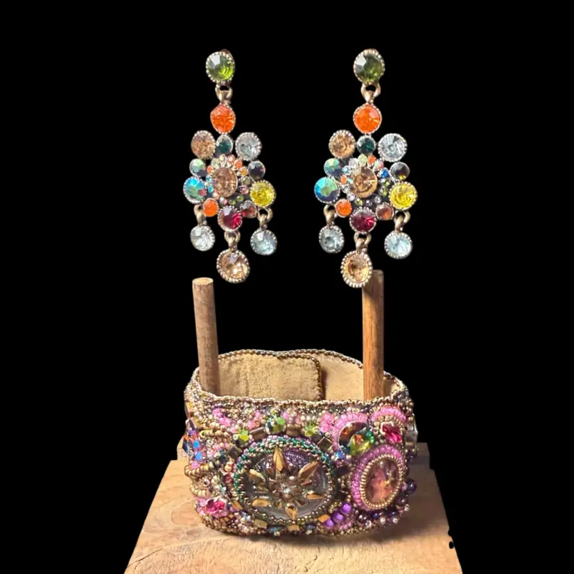 Crystal Beaded Embroidery Cuff Bracelet & Matching Waterfall Earrings Statement Set