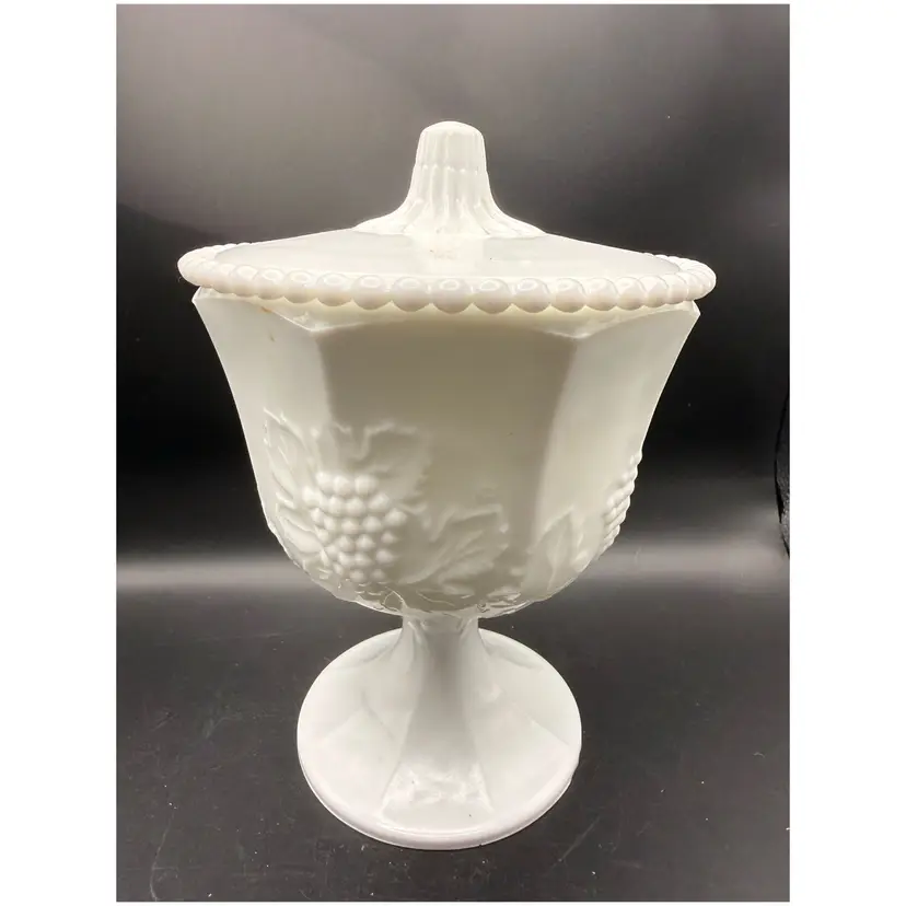 Indiana Glass Harvest Grape Milk Glass Compote With Beaded Lid