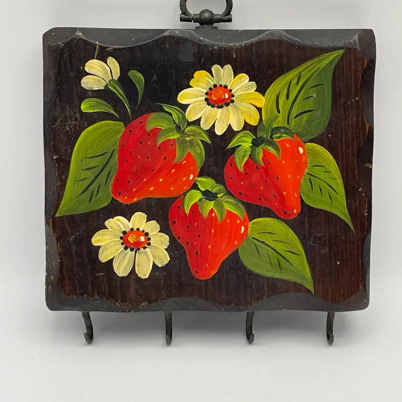 Vintage Decorative Wooden Keyhook Hanging Wall Plaque Hand Painted Strawberries
