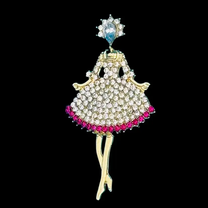 Rhinestone Lady Brooch – Gold-Tone Figural Pin with Pink & Clear Stones