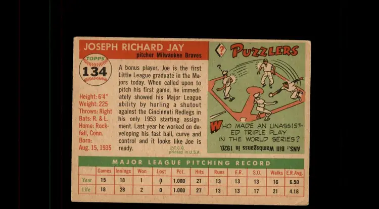 1955 Topps #134 Joe Jay - (pk-tl1) - Milwaukee Braves