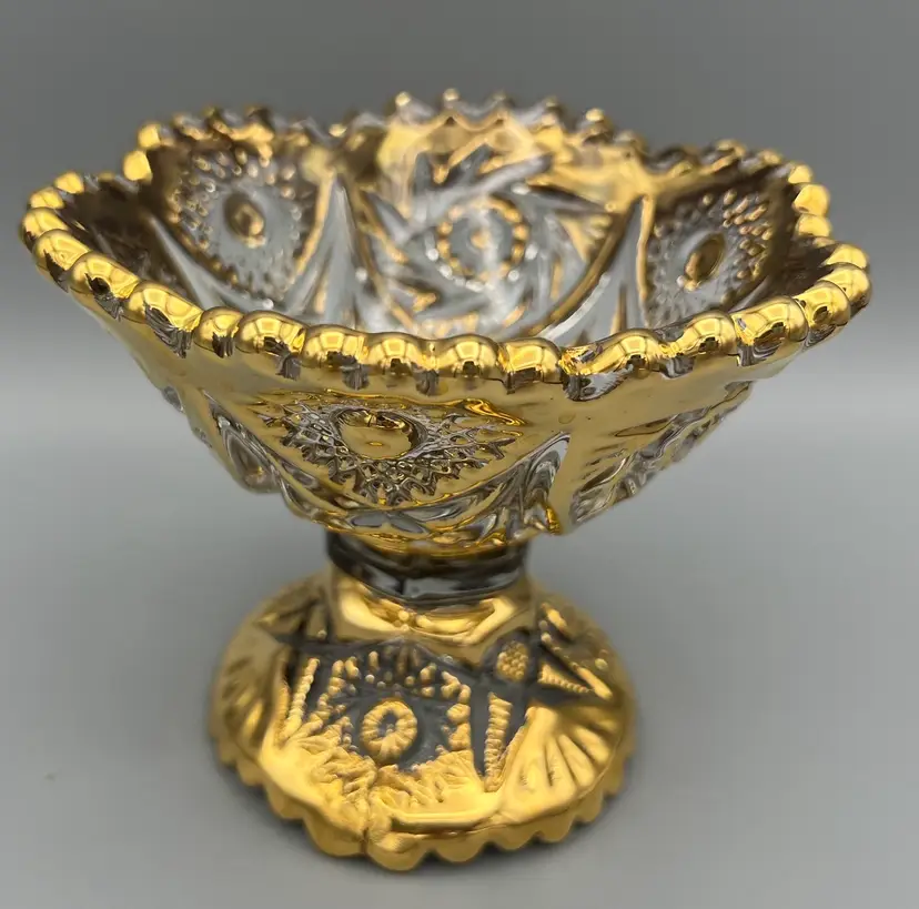 EAPG Imperial Glass Heavy Gold Guild Geometric Compote Pedestal Candy Dish