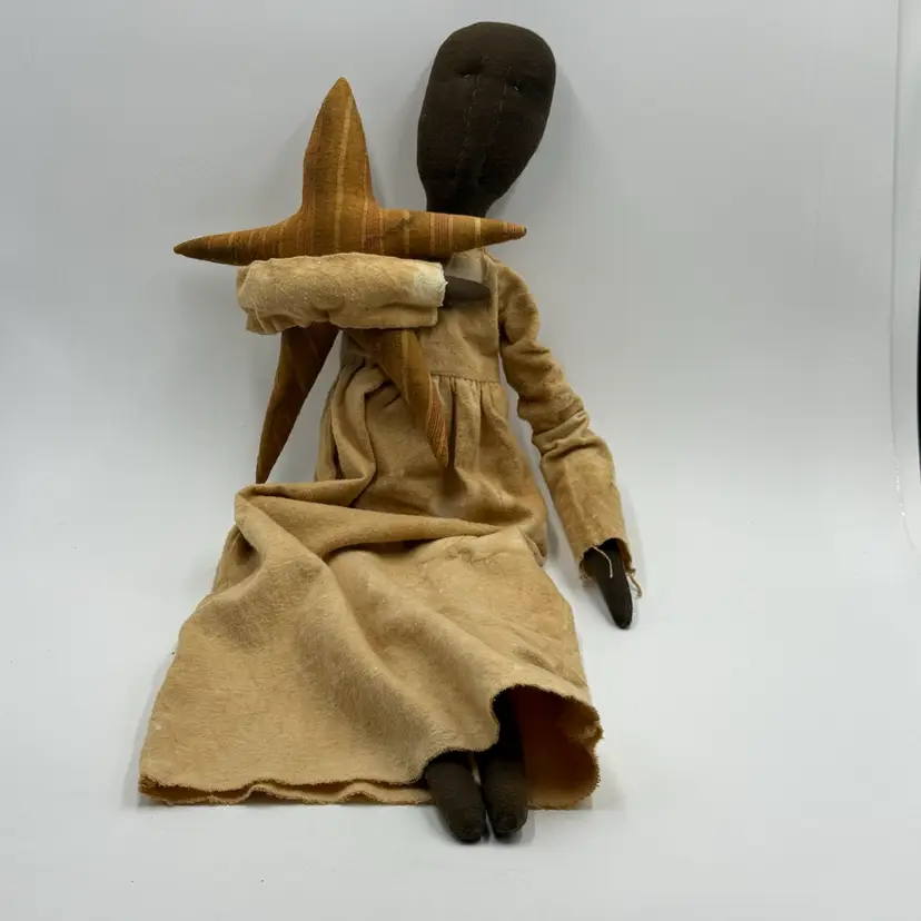 Primitive Handmade Folk Art Cloth Handmade Rag 26” Doll Holding Star Vintage Country Style