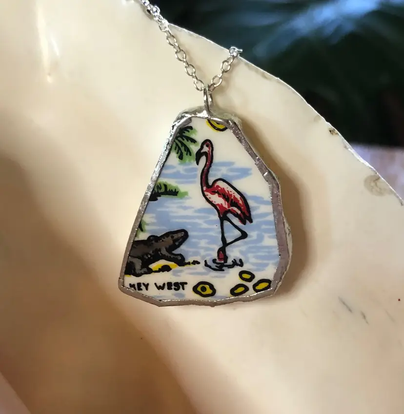 Oodelally Shop Broken Pottery Artisan Made Key West Pendant Florida Collectors Plate Handcrafted Necklace 1.25in x 1 3/8in