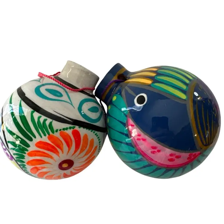 2- Talavera Christmas Balls Ornament Mexican Ceramic Folk Art Pottery Birds