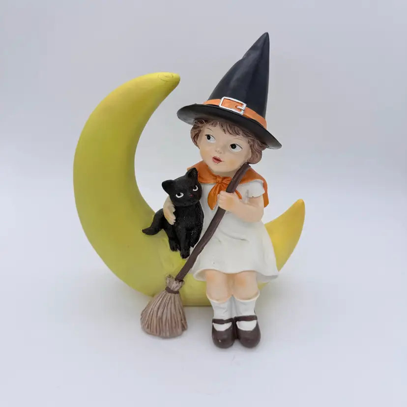 Vintage Halloween 1930’s Style Witch Girl & Cat On Crescent Moon Folk Art Statue