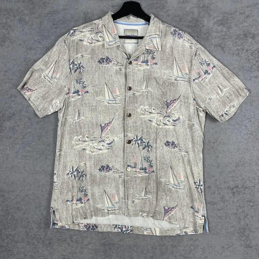 Tommy Bahama Shirt Mens Large Gray Silk Sailing Sailboat Marlin Hawaiian Camp
