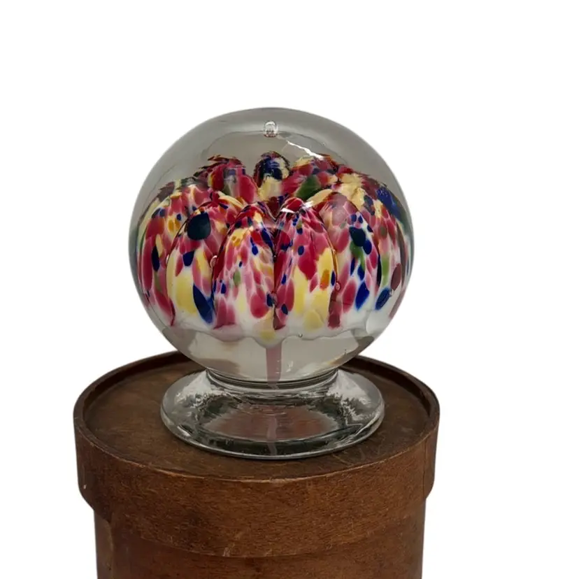 Antique Millville Pedestal Base Art Glass UV Reactive GLOWS Multicolor Confetti Spatter Frit Paperweight - 4”
