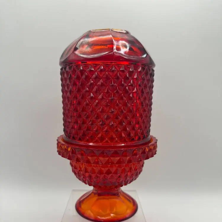 Vintage MCM Viking Glass Ruby Diamond Point Fairy Lamp Cadnium Glow 7 in Tall