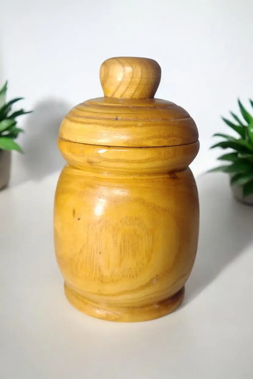 Handcrafted Turned Wood Lidded Apothecary Jar Trinket Storage Decor Boho Natural