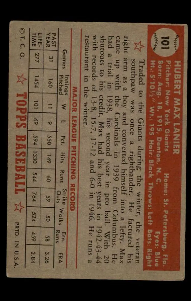 1952 Topps #101 Max Lanier - (pk-tl1) - New York Giants