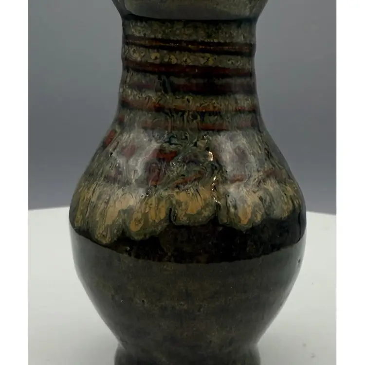 MCM Studio Art Pottery Bud Vase - Tall Green & Brown Drip Glaze, Impressed “Leaf” Mark 
4"x 1 1/2”