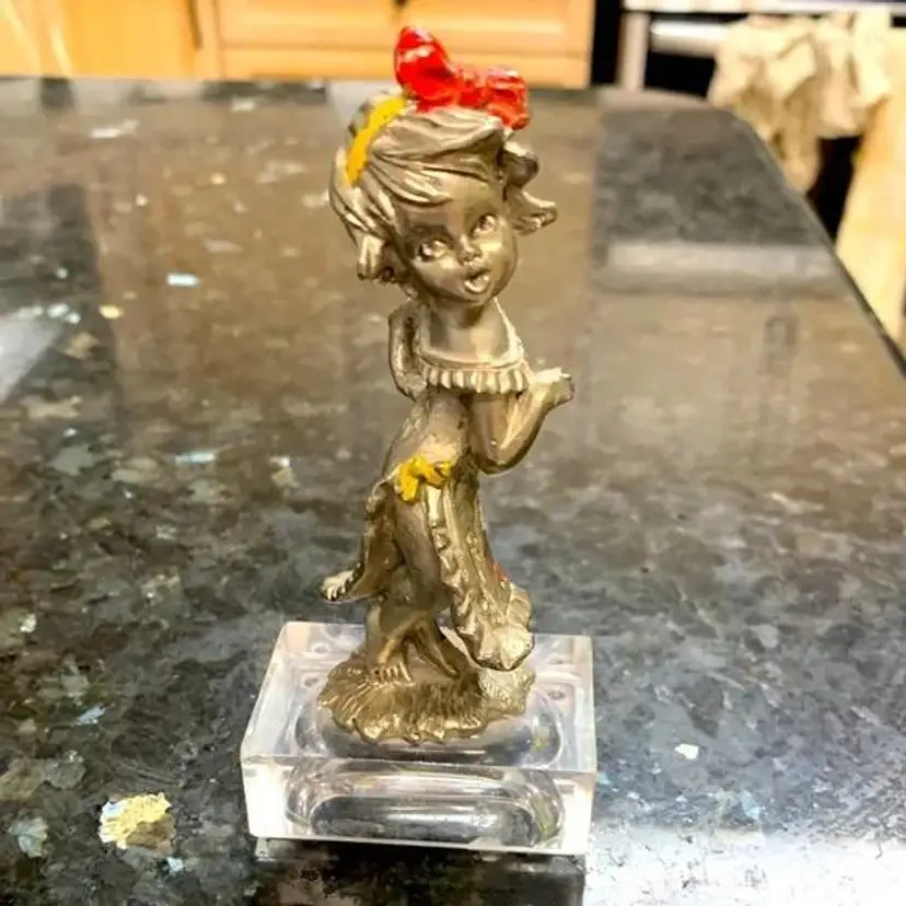 Vintage Peltro Cesellato A Mano Pewter Figure Dancing Girl on a clear lucite base