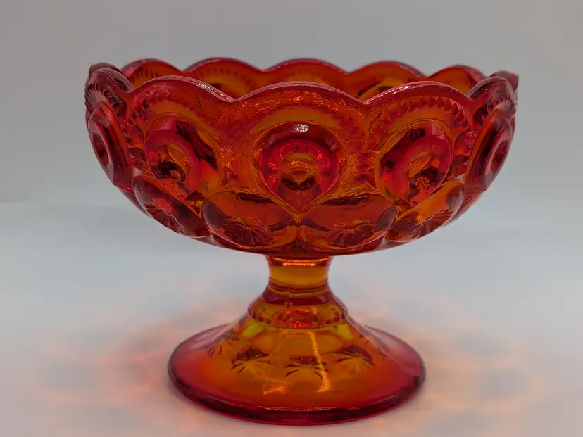 LE SMITH Moon & Star Pattern Pressed Glass Amberina Cadmium Glow Small Compote Pedestal Dish