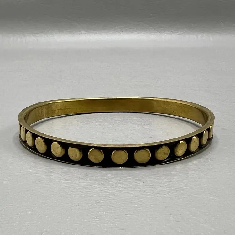 Vintage Brass Studded Bangle Bracelet Black Enamel 2.75" Gold Tone 1980s