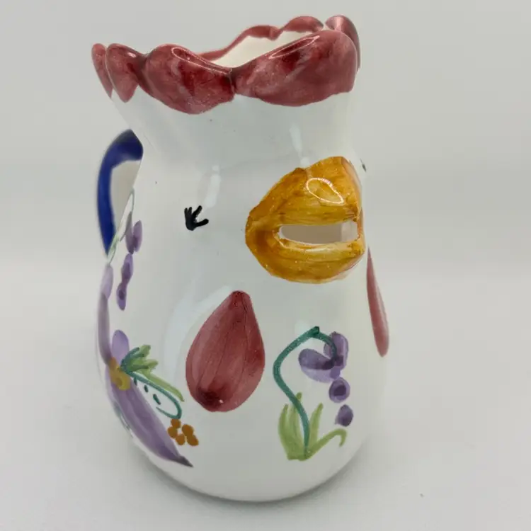 #01 Vintage Italian Giovanni Vietri Rooster Chicken Creamer Pitcher Handcrafted, By Vietri, Made In Italy, Signed