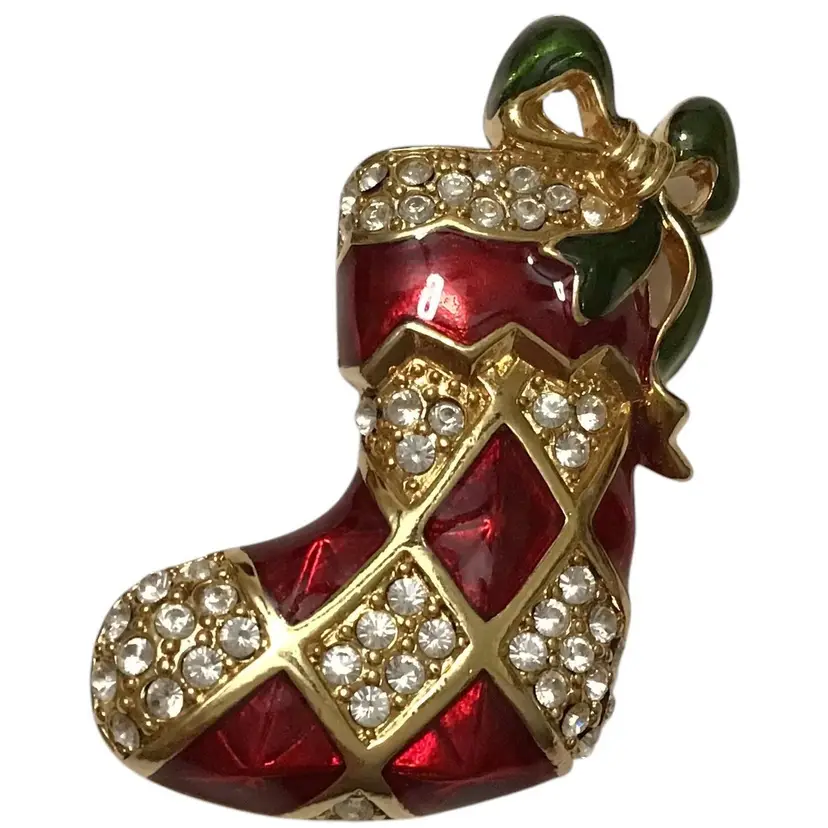 MONET Christmas Red Enamel Stocking Green Bow Clear Rhinestone Pin Brooch Vtg