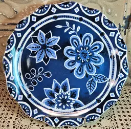 NWT Pier 1 Imports Indigo Floral Dinner Plate Blue Black White 11"