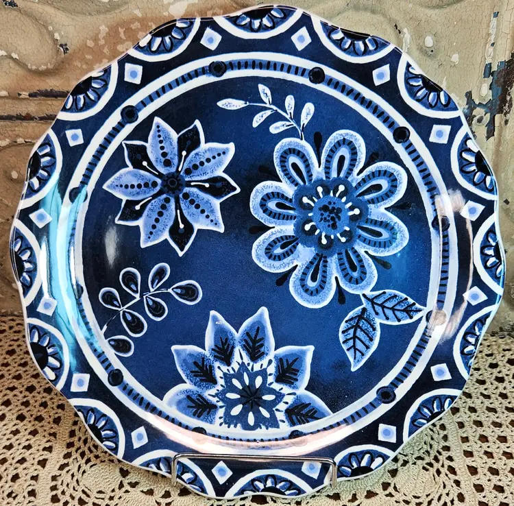 NWT Pier 1 Imports Indigo Floral Dinner Plate Blue Black White 11"