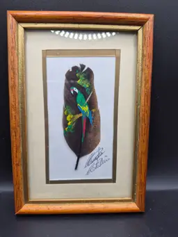 Jose Garro Signed Hand-Painted Parrot Feather Art In Wooden Frame 6.5 x 4.5