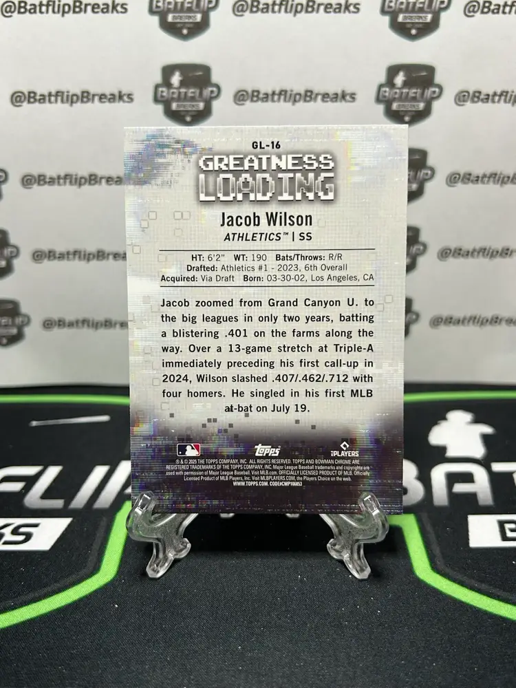 Jacob Wilson 2025 Bowman Chrome Greatness Loading Insert RC #GL-16 Oakland Athletics