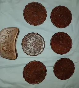 Vintage Nasca Peru Hand Tooled Leather Peruvian Coasters and Holder - set of 6
