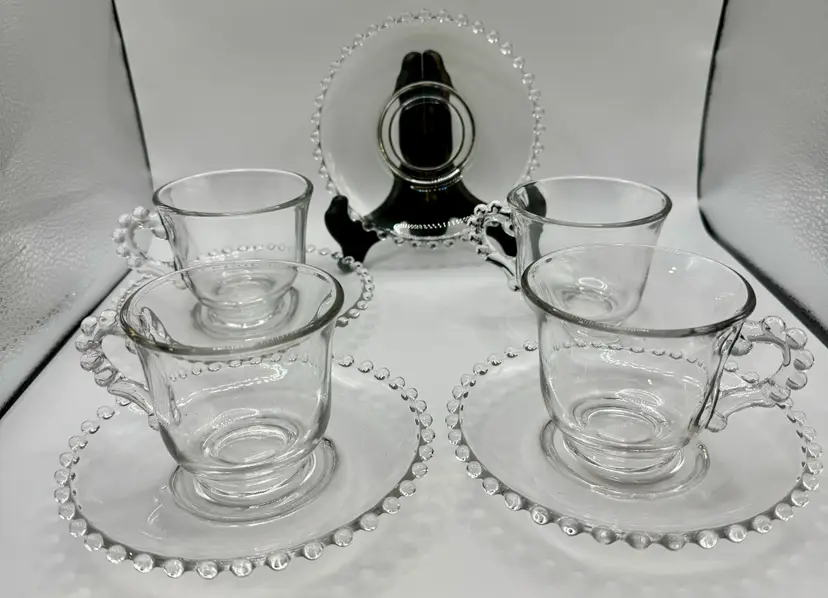 Vintage 1930’s Candlewick Clear Glass Set Of 4 Tea Cups With 5 Matching Saucers, Embossed Beaded Design, By Imperial Glass, Made In Ohio