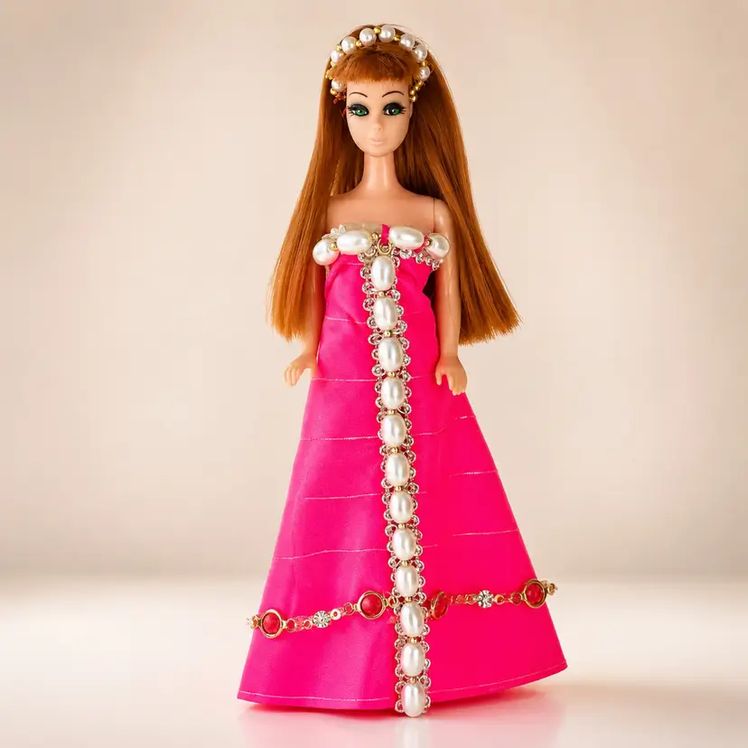 Vintage 1970 Topper Dawn Doll Blonde with Custom Blue Orange Beaded Gown Dress