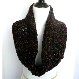 Handmade Crochet Soft Chunky Black Multi-Color Flecks Chenille Infinity Scarf 10" x 43.5"