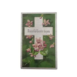 Antique German Easter Postcard Peaceful Easter To You Cross Flowers 1909 Embossed