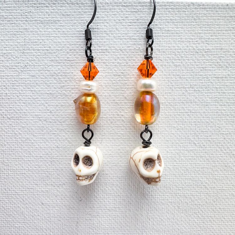 Skull Earrings Handmade Orange Glass Bead Pearl Accent 2.25"