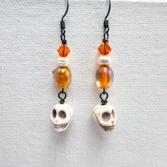 Skull Earrings Handmade Orange Glass Bead Pearl Accent 2.25