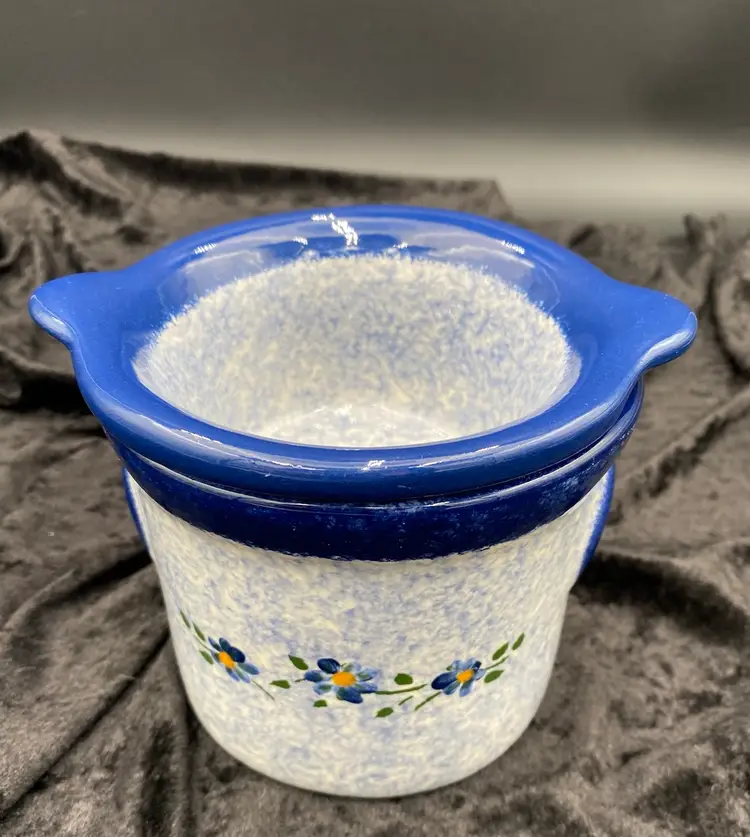 Hand-Made "B+B" Ceramic Iced Crock Server, Blue Sponge with Violets, MINT