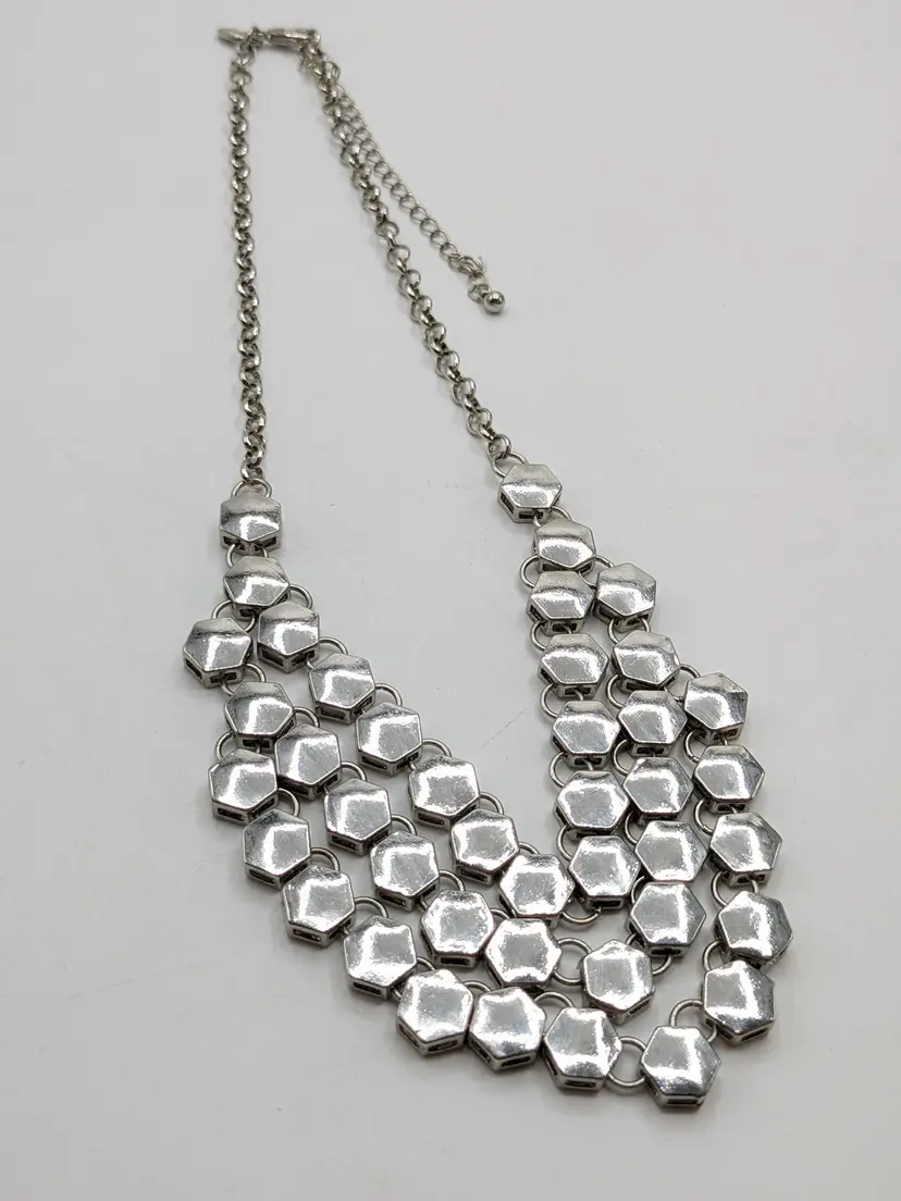 Charming Charlie Silver Tone Hexagon Shaped Three Strand Statement Necklace
