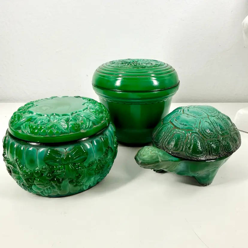 Winners Choice: Choice Of One Czech Malachite Slag Glass Lidded Jar 3.5in