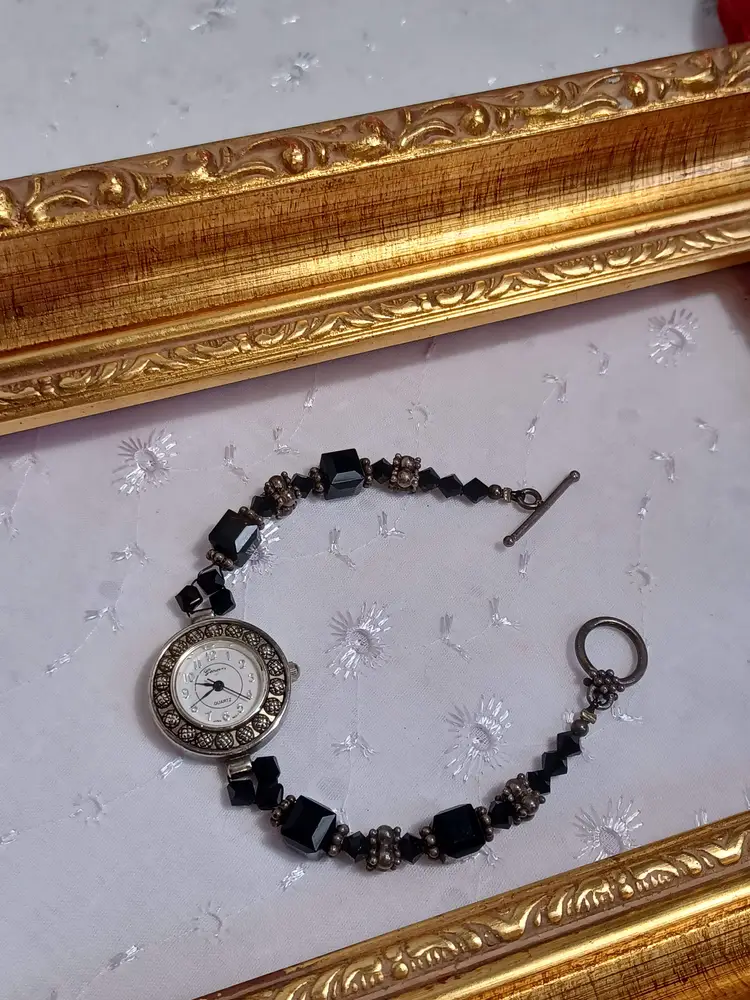 Artisan made watch with black glass beads