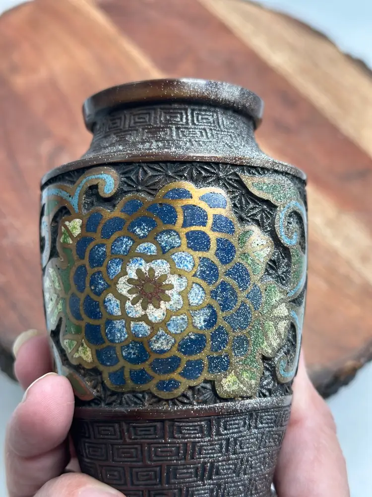 Antique Qing Champleve Cloisonné Vase Florals Bronze Brass Exquisite