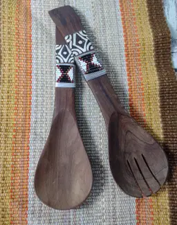 Wooden Seed Bead Tribal Inlay Salad Servers Fork Spoon Set African Ethnic