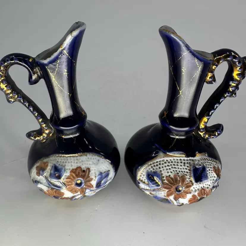 Ceramic Miniature Cobalt Blue Pitchers With Raised Florals & Handles Set/2 (stunning)
