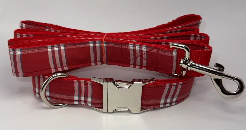 Dog Collar & Leash Plaid Red & White Large Handmade Heavy Duty Metal Buckle New