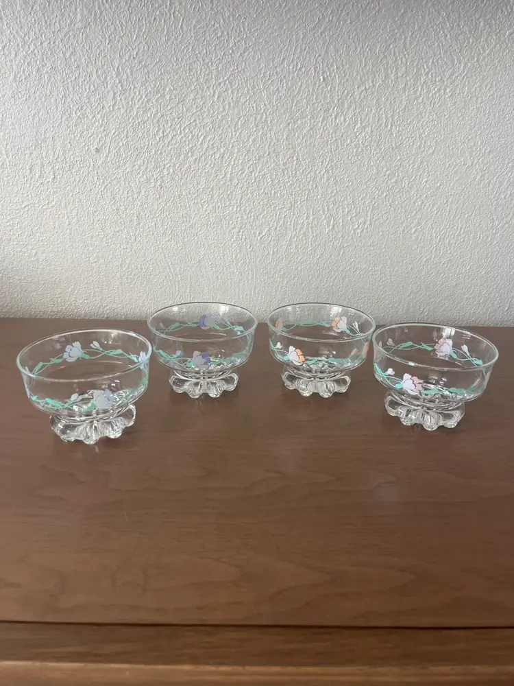 Vintage Glass Pastel Floral Footed Dessert Bowls Set Of 4