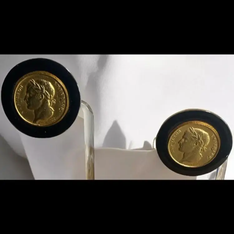 Estate & Vintage Large Les Bernard Vintage  Authentic Coin Black Enamel  Earrings