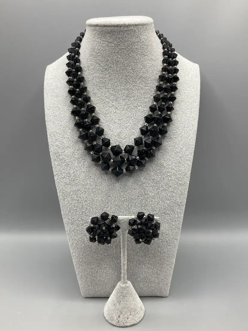 Vintage Black Beaded 3 Strand Necklace with Clip-on Earrings Silver Tone - Made in Japan