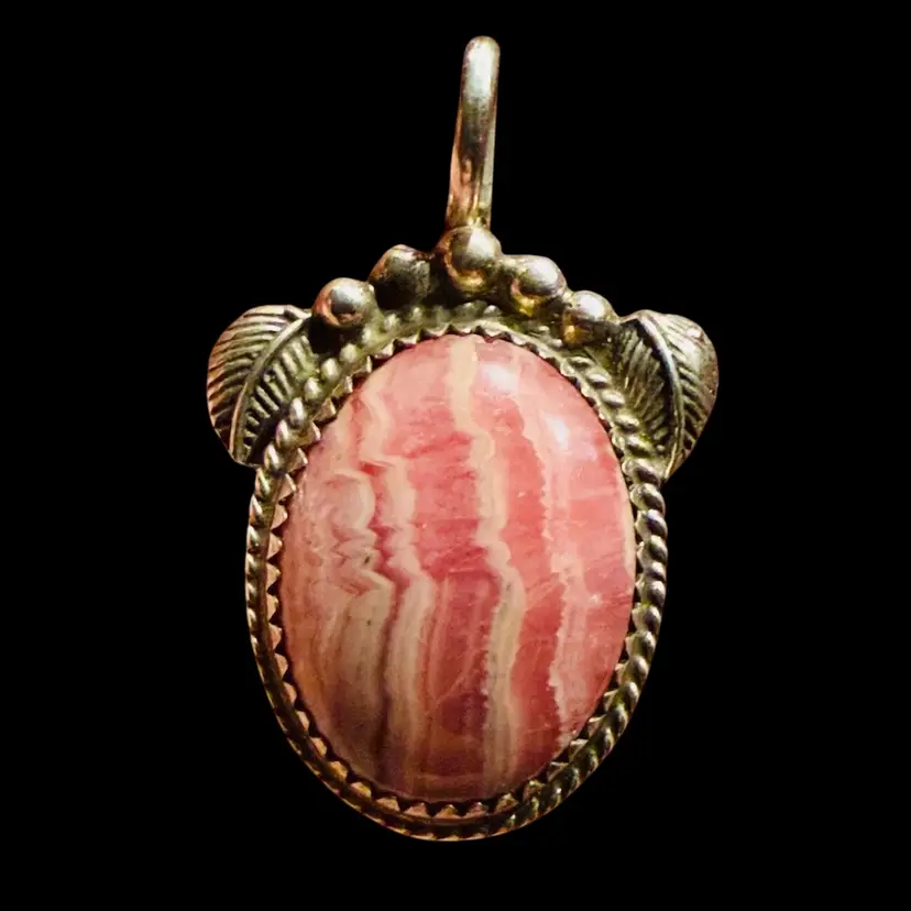 Ray Tafoya Navajo Signed Sterling Silver & Rhodochrosite Pendant 1.33”, 6.9g