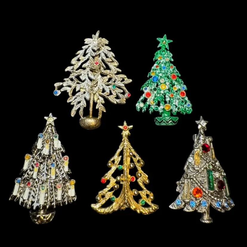 Brooch Pin Christmas Tree Lot 2” Vintage Silver & Gold Tone Holiday Jewelry *see description*