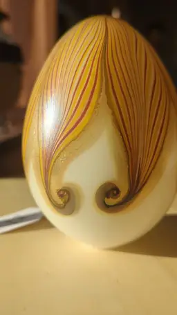 LC Tiffany signed pulled feather gold bronze yellow art glass egg